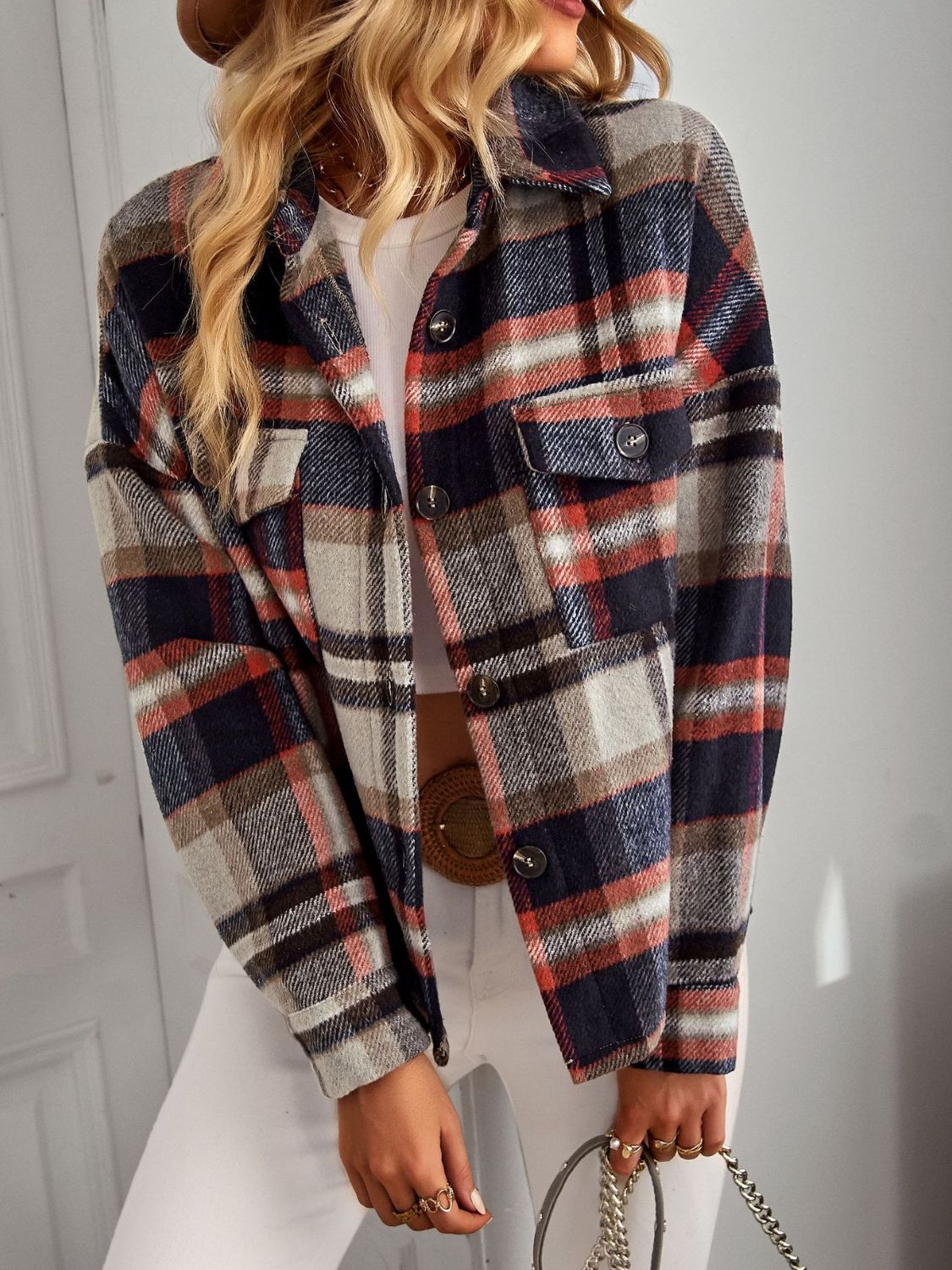 Plaid Button Front Brushed Shacket with Breast Pockets