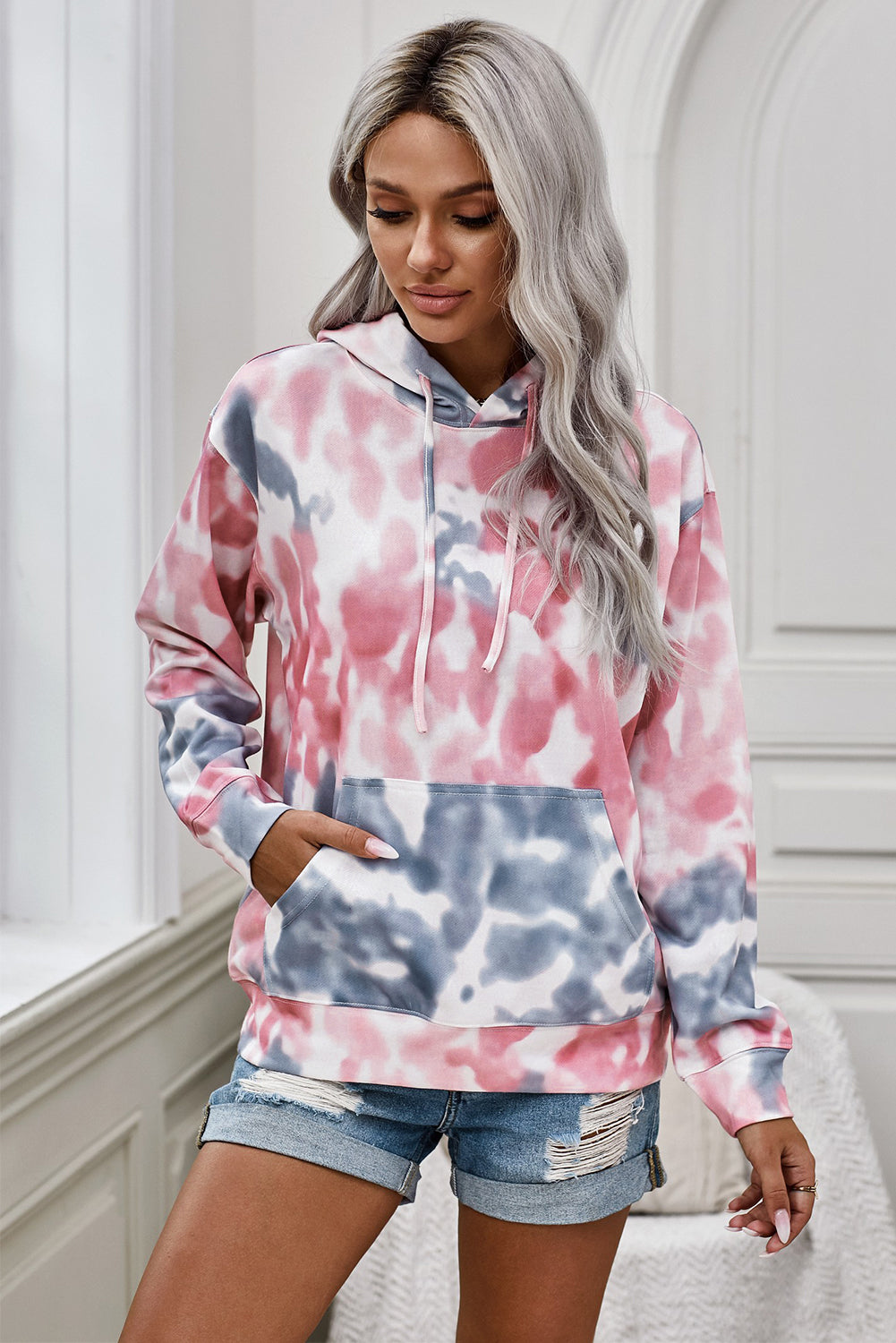 Tie-Dye Dropped Shoulder Drawstring Hoodie