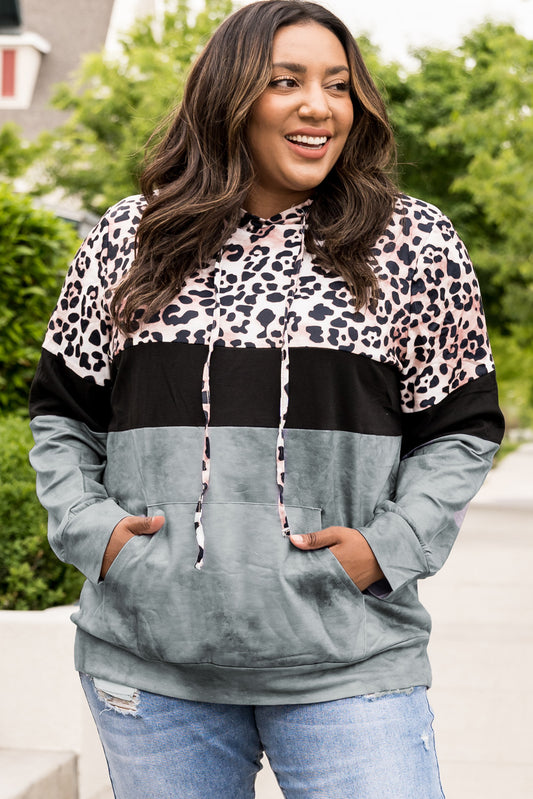 Plus Size Leopard Print Color Block Hoodie with Kangaroo Pocket