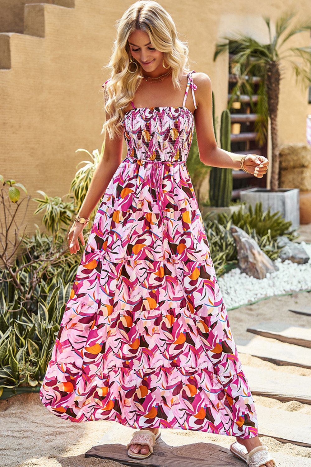 Printed Tie-Shoulder Smocked Maxi Dress