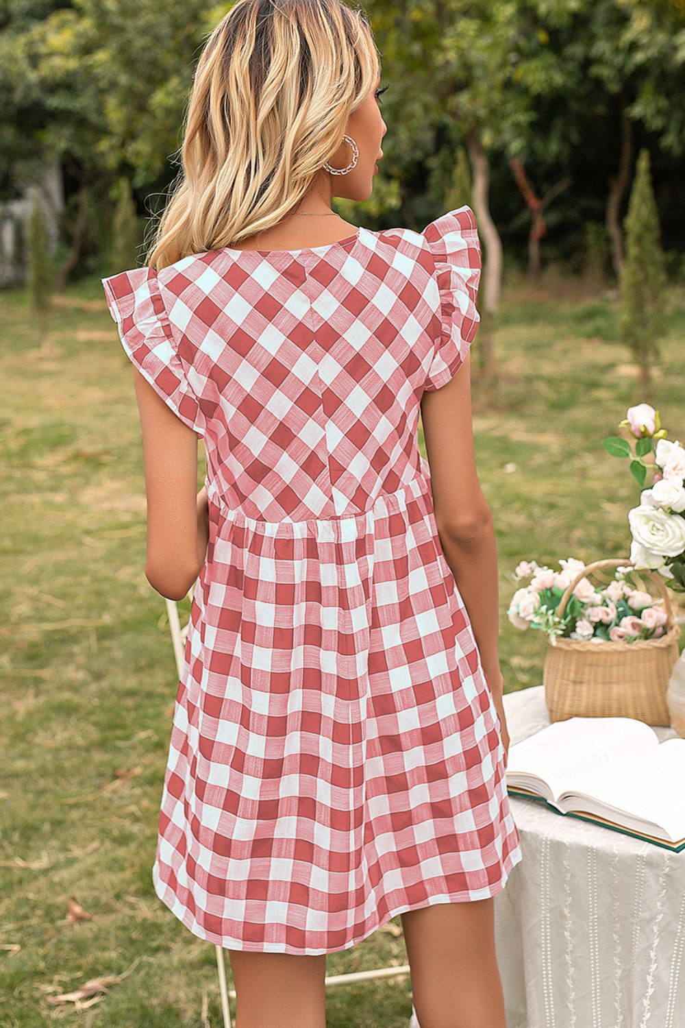 Plaid Butterfly Sleeve Deep V Dress