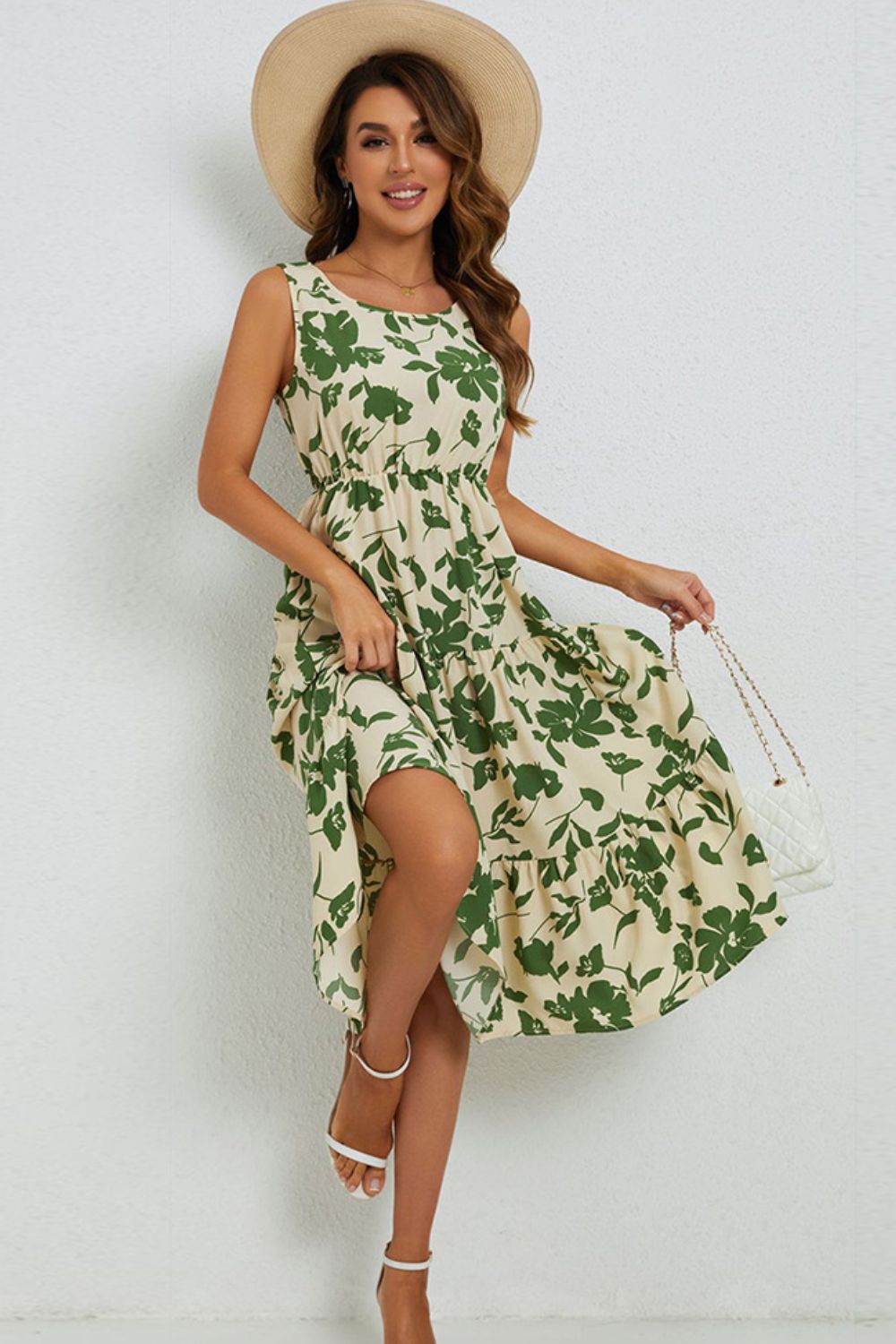 Floral Round Neck Tiered Sleeveless Dress