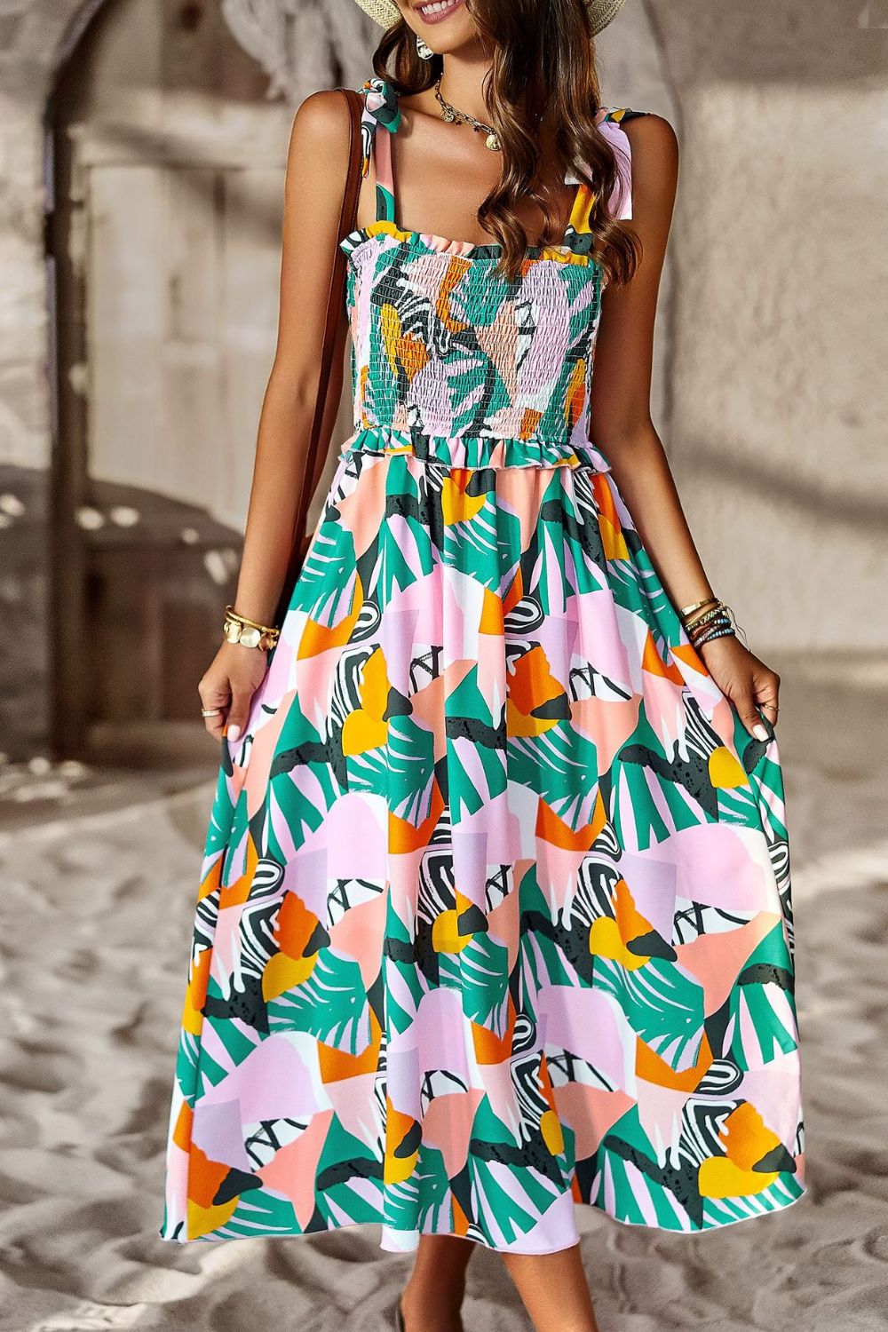 Printed Smocked Tie Shoulder Dress