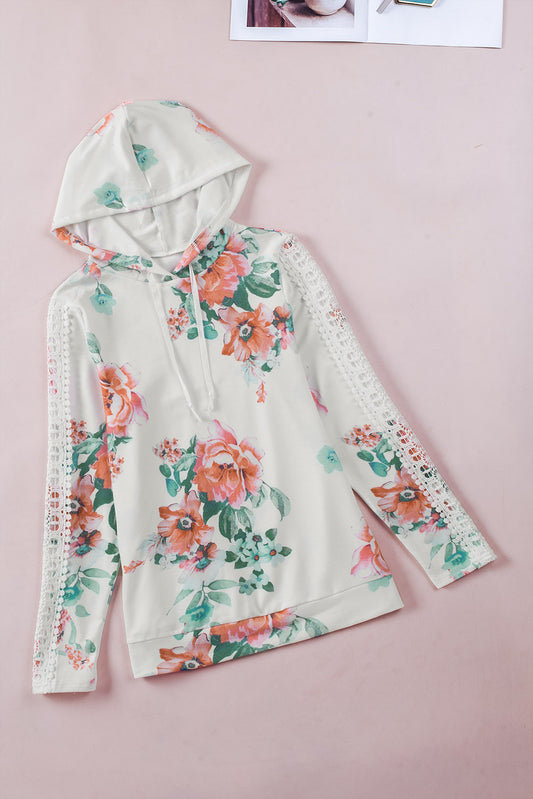 Floral Lace Trim Drawstring Hoodie