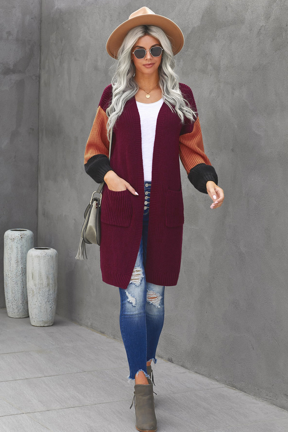 Color Block Rib-Knit Longline Cardigan with Front Pockets