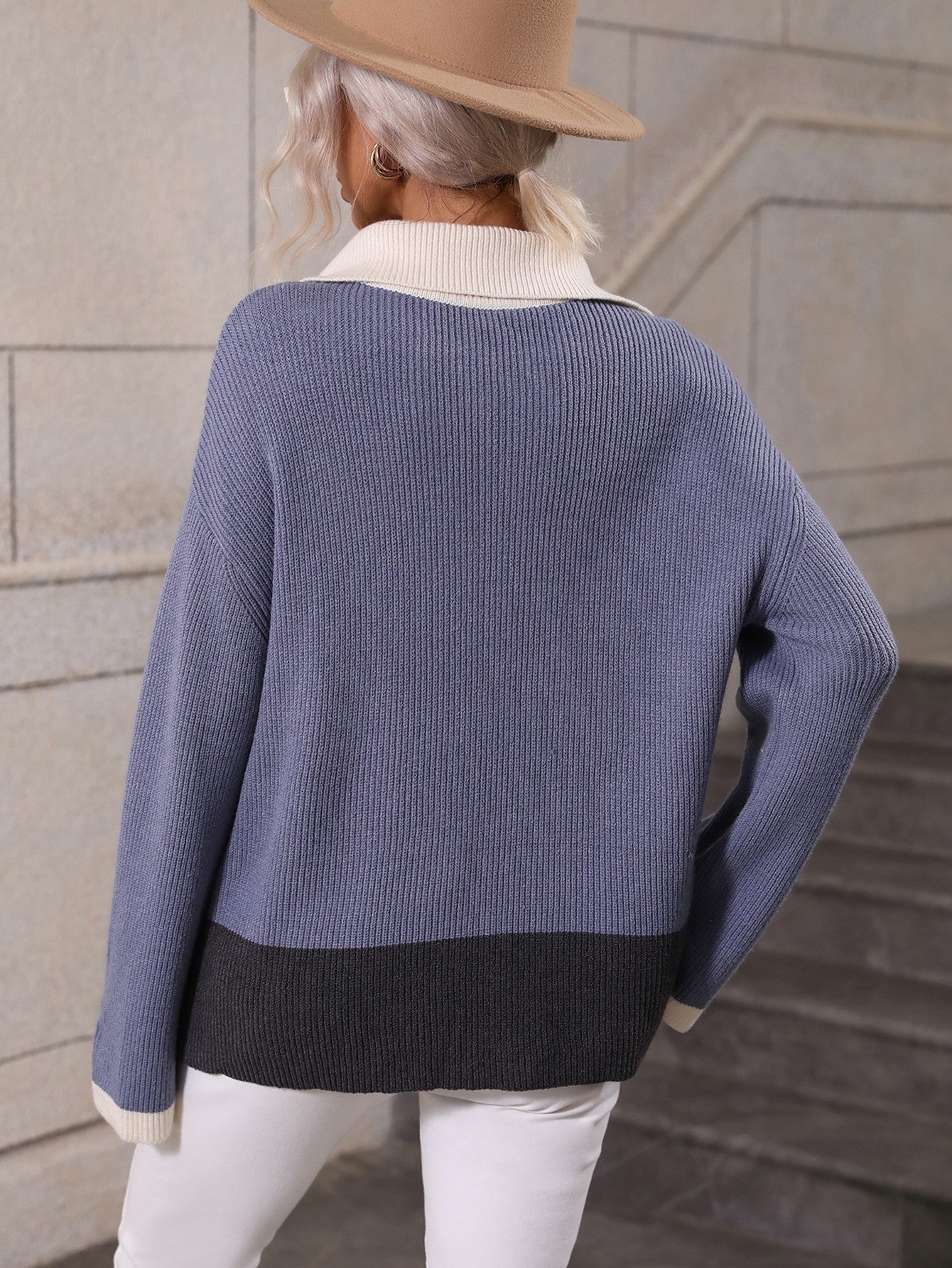 Color Block Half-Zip Dropped Shoulder Knit Pullover