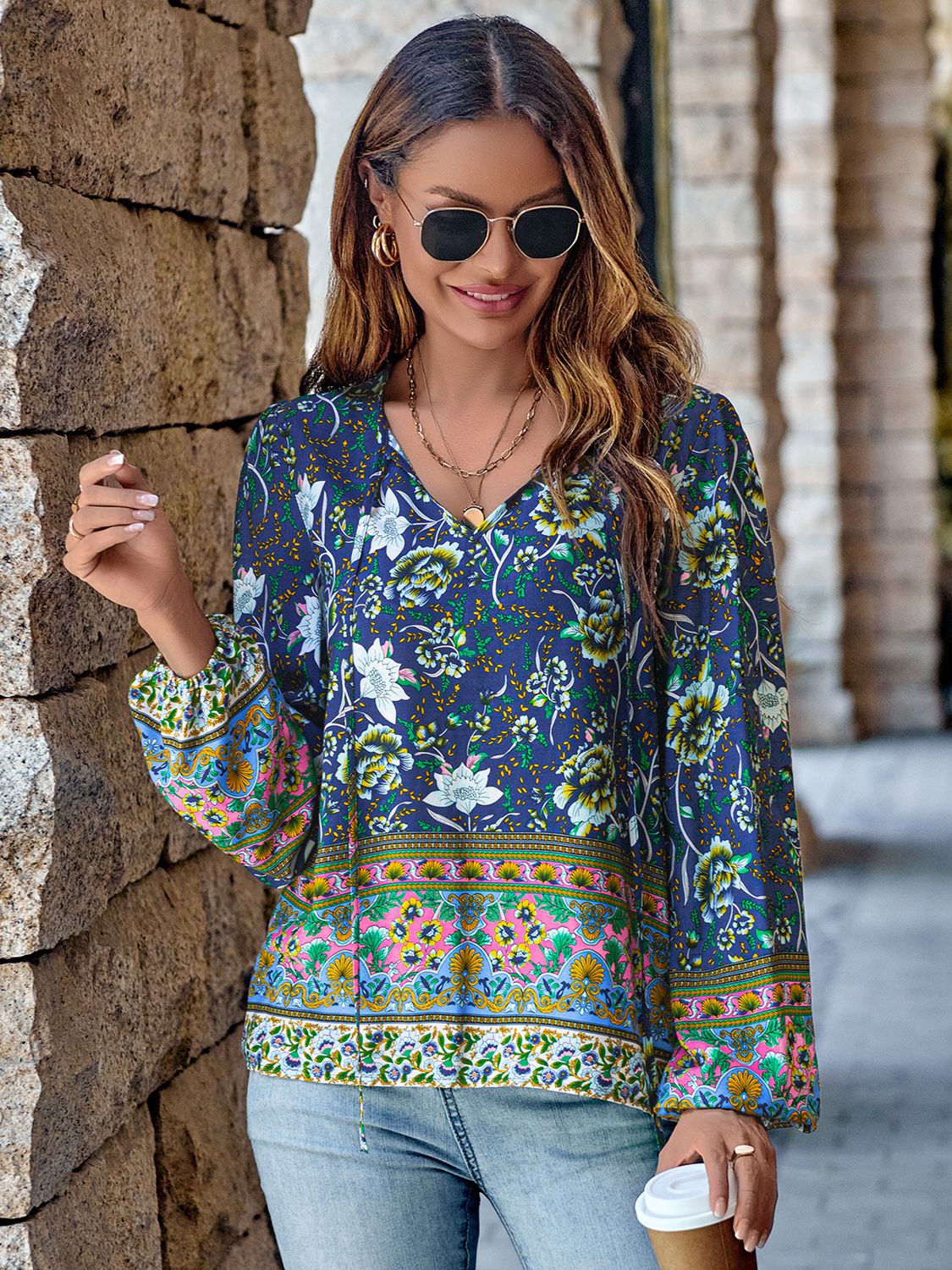 Printed Tie Neck Long Sleeve Blouse