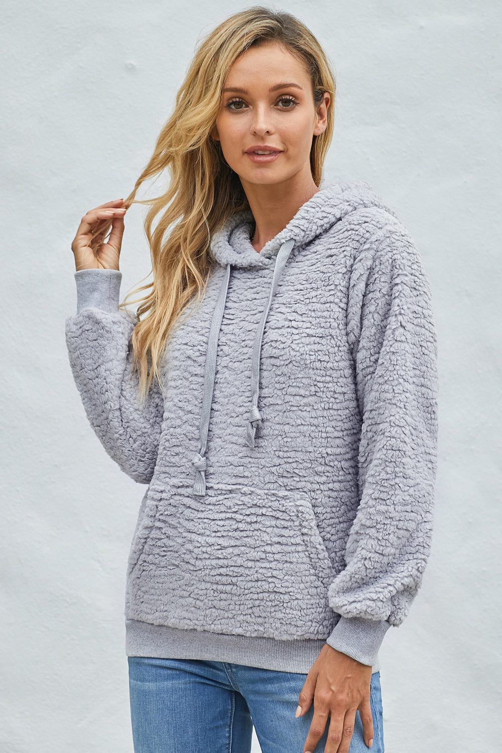 Drawstring Sherpa Hoodie with Pocket