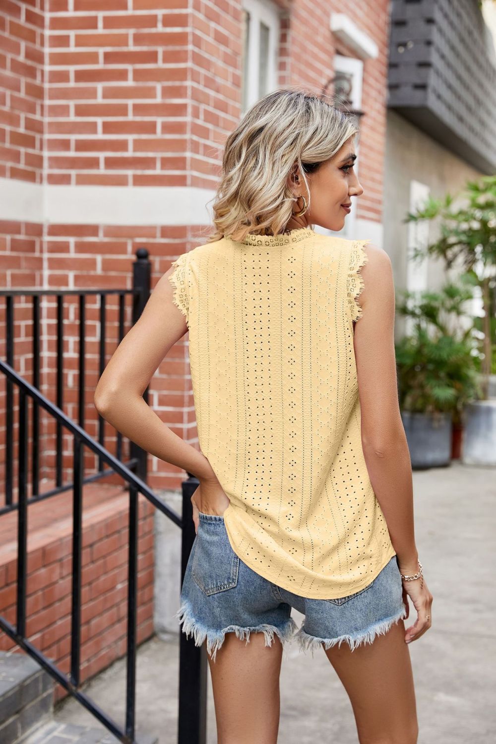 Eyelet Lace Trim Eyelash V-Neck Tank