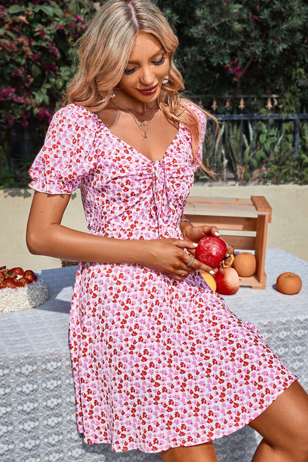 Floral Drawstring Flounce Sleeve Dress