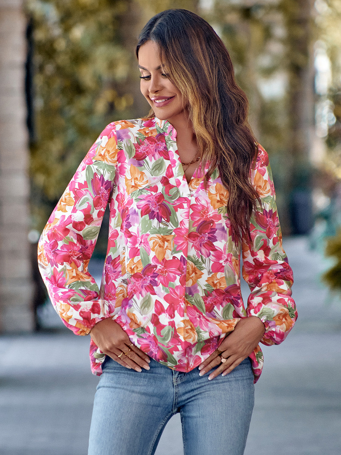 Notched Neck Printed Long Sleeve Shirt