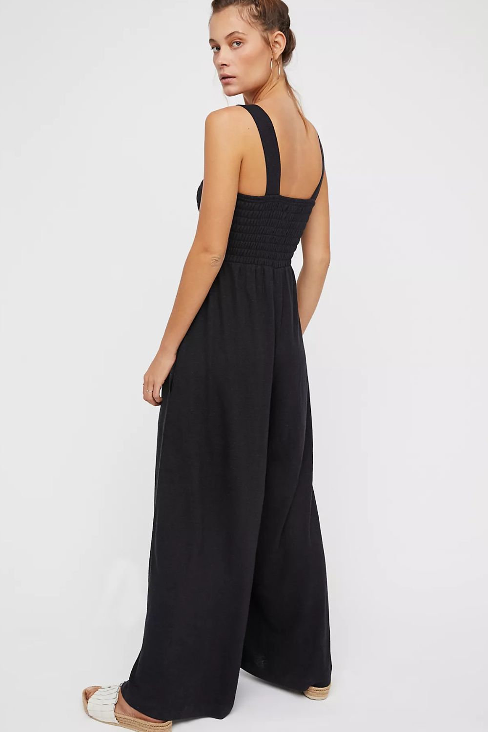 Smocked Square Neck Wide Leg Jumpsuit with Pockets