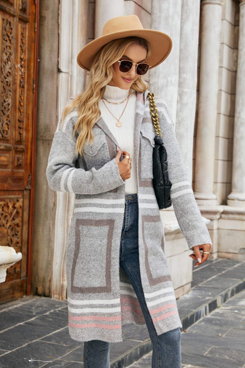 Printed Open Front Hooded Longline Cardigan