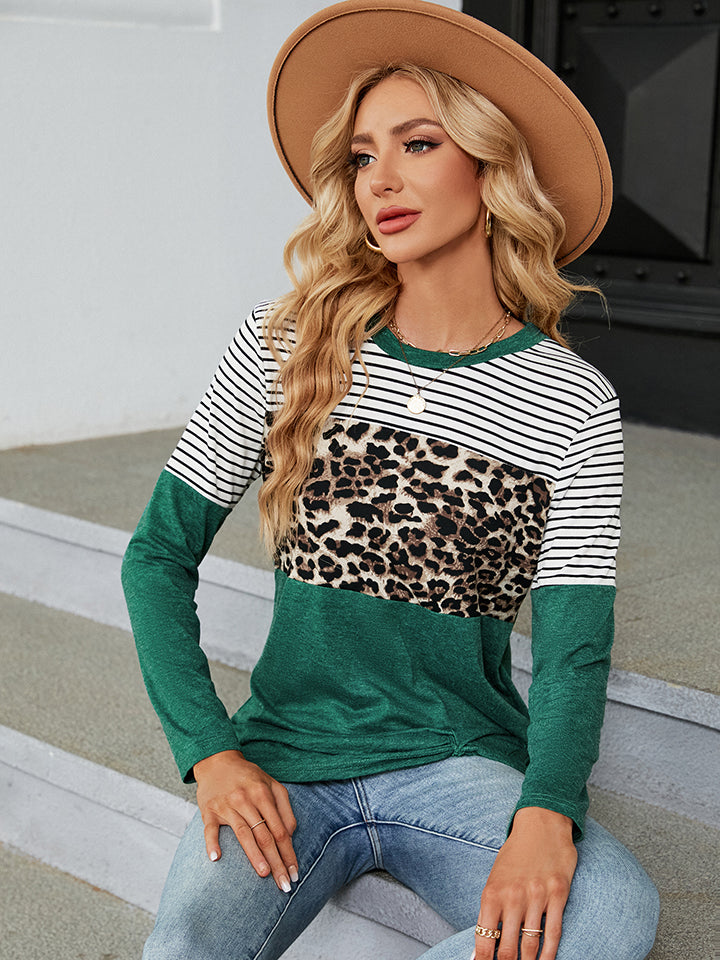 Color Block Round Neck Long Sleeve Blouse