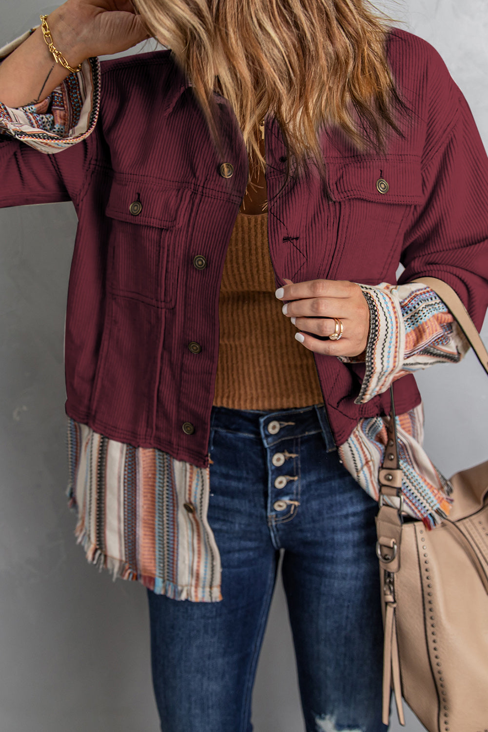 Striped Frayed Hem Corduroy Jacket