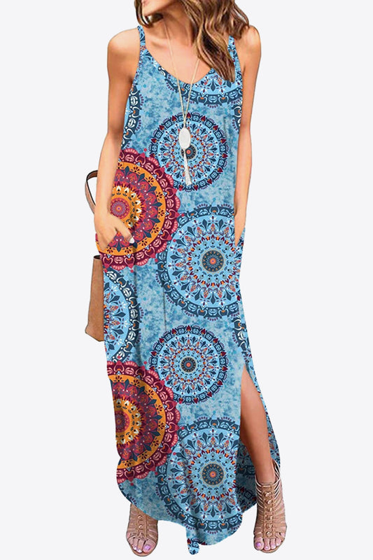 Printed Spaghetti Strap Slit Maxi Dress