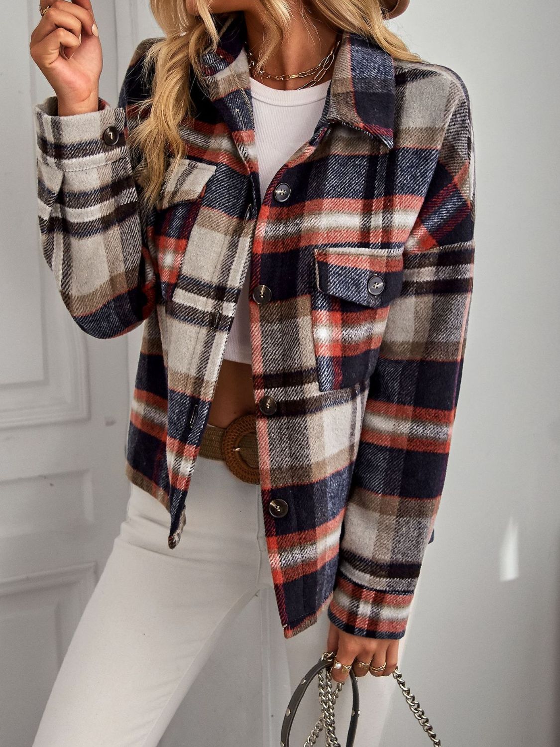 Plaid Button Front Brushed Shacket with Breast Pockets