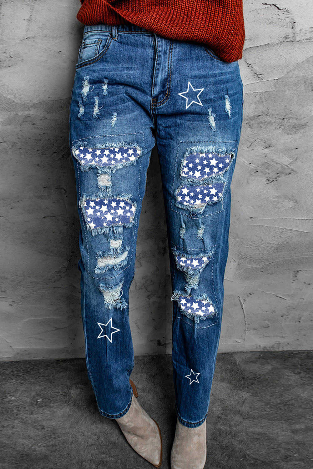 Printed Patch Distressed Boyfriend Jeans