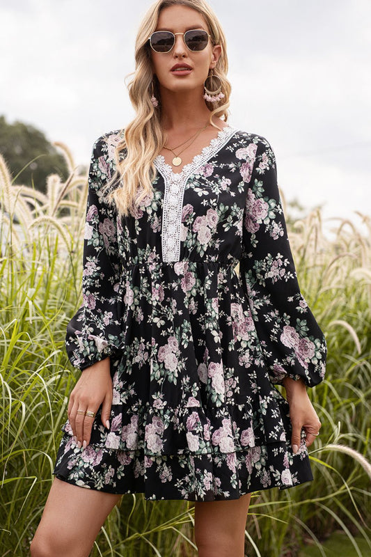 Floral Lace Trim Long Sleeve Dress