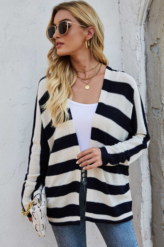 Striped Dolman Sleeve Open Front Cardigan