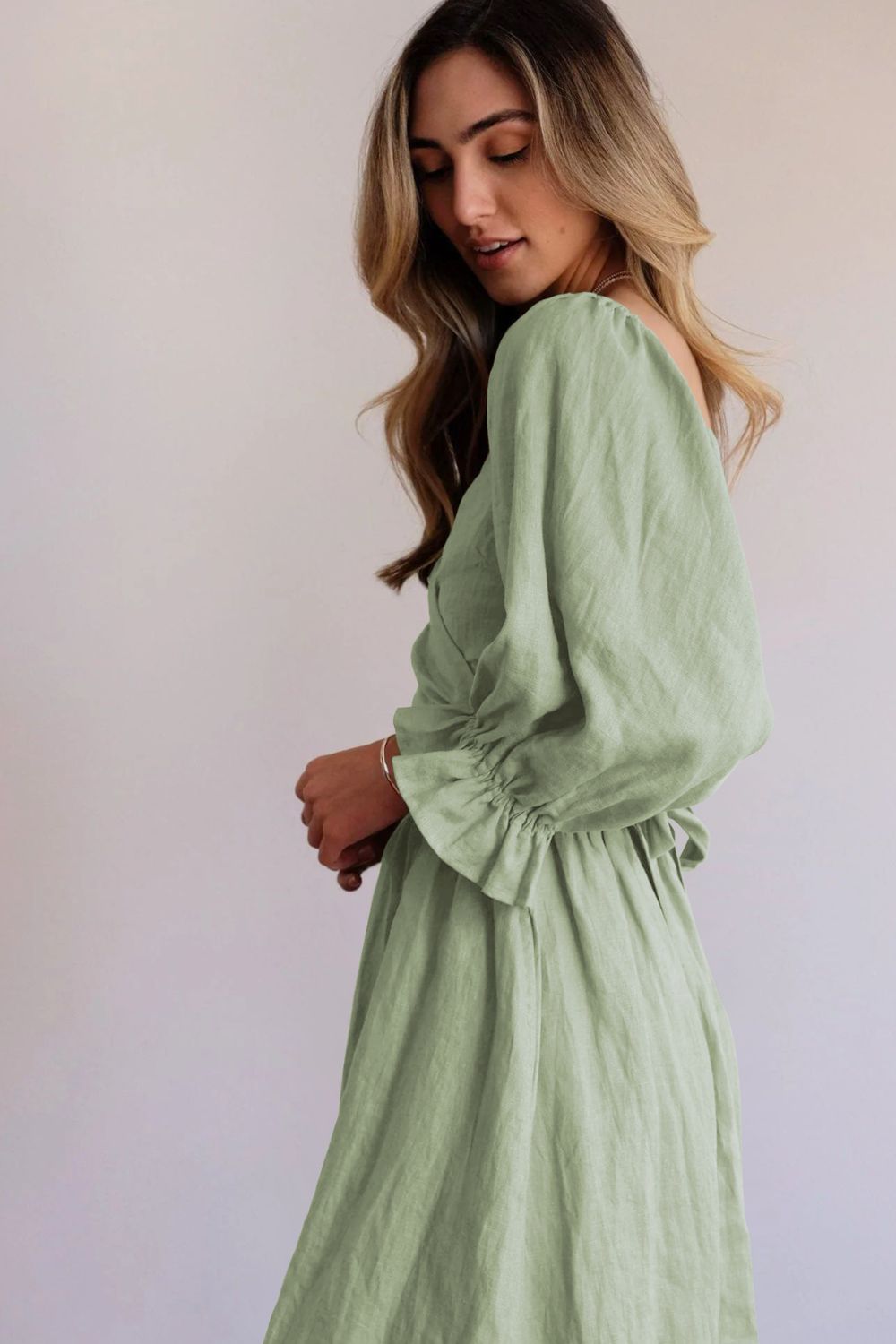 Smocked Square Neck Flounce Sleeve Dress