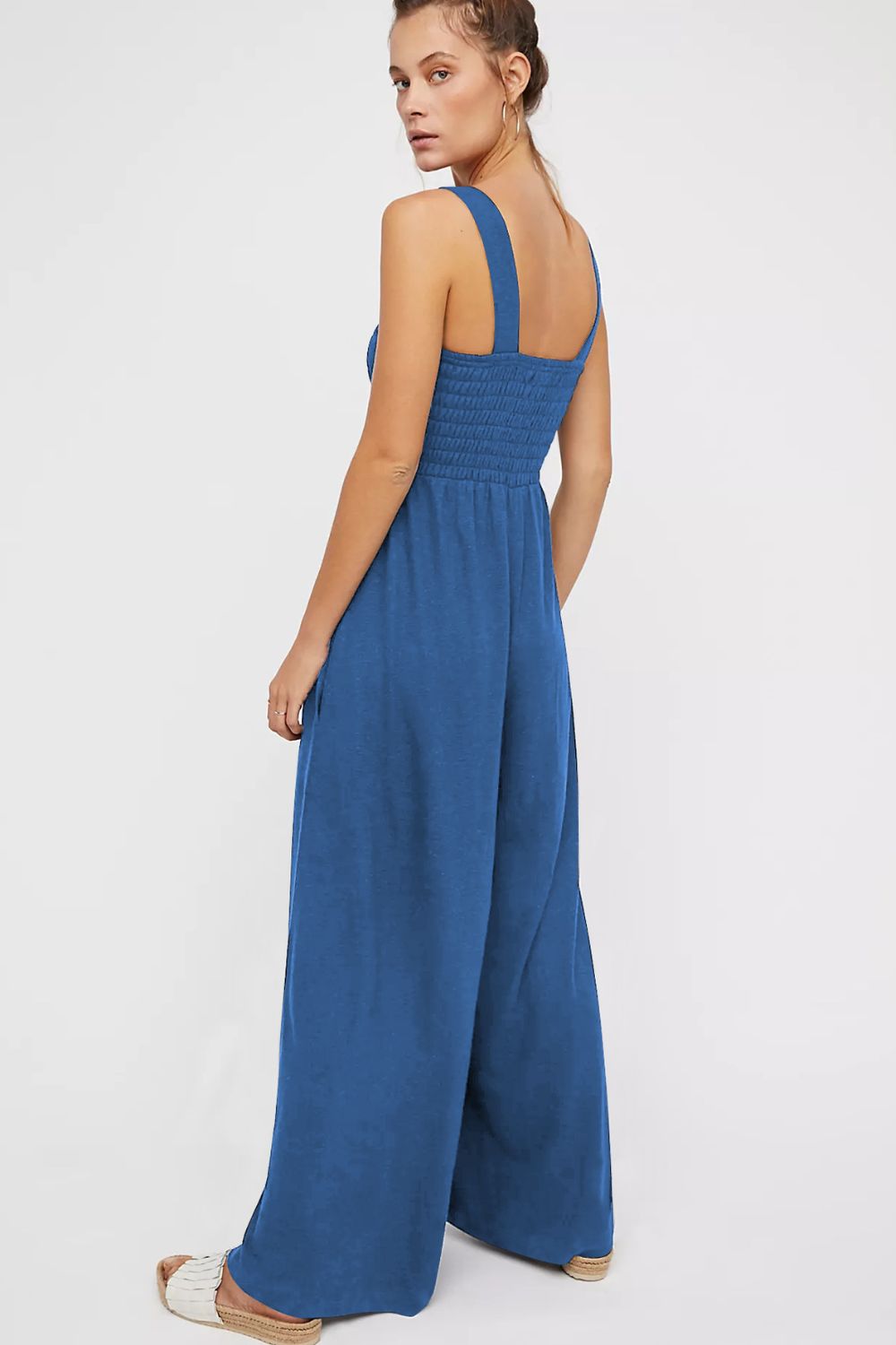 Smocked Square Neck Wide Leg Jumpsuit with Pockets