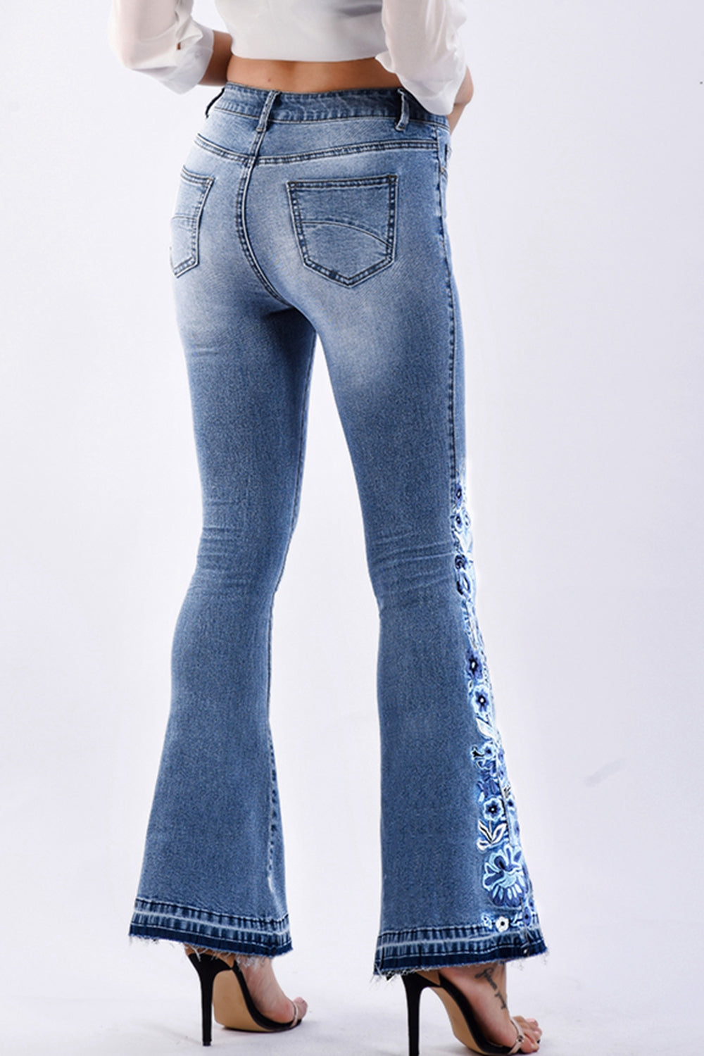 Full Size Flower Embroidery Wide Leg Jeans