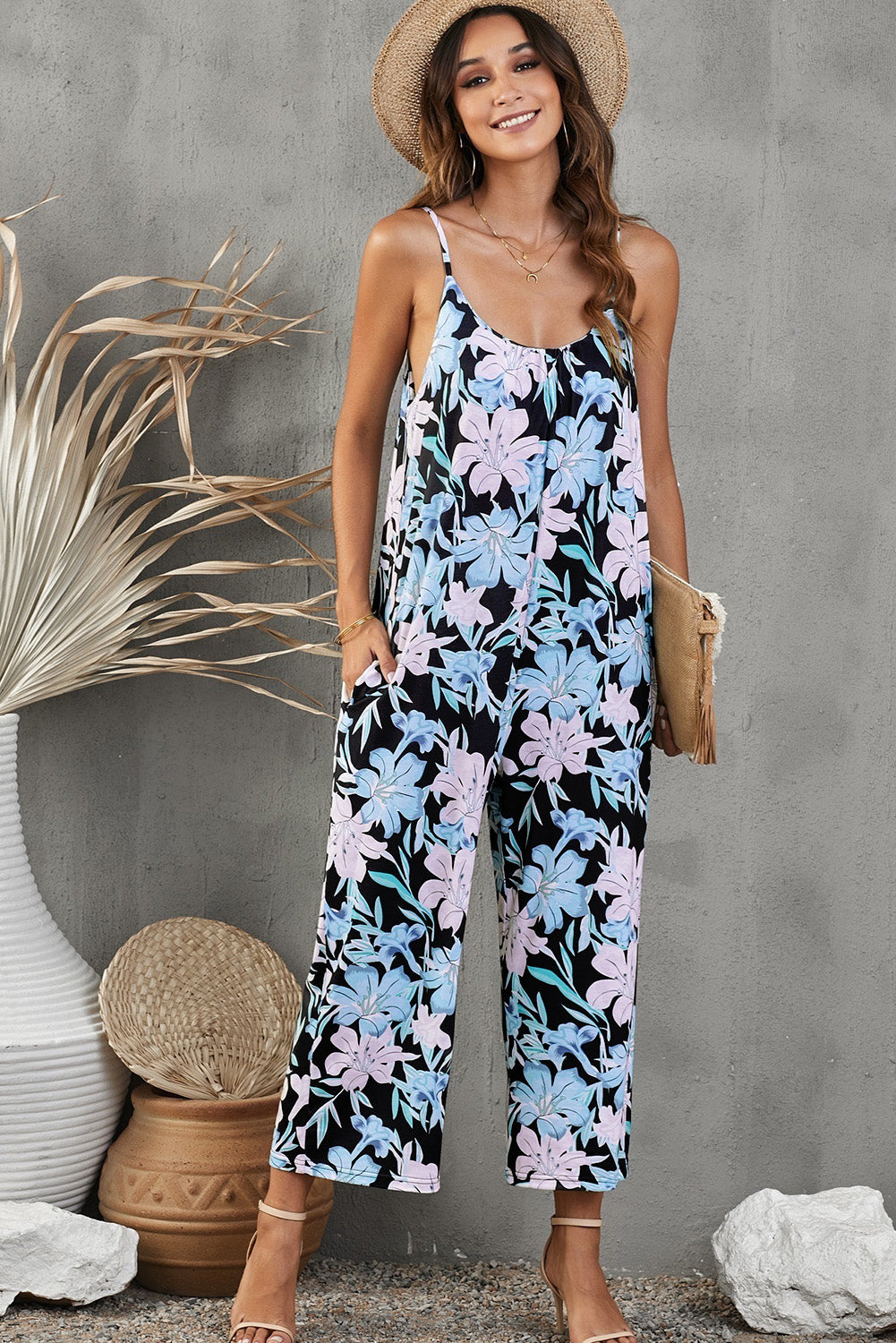 Botanical Print Spaghetti Strap Cropped Jumpsuit