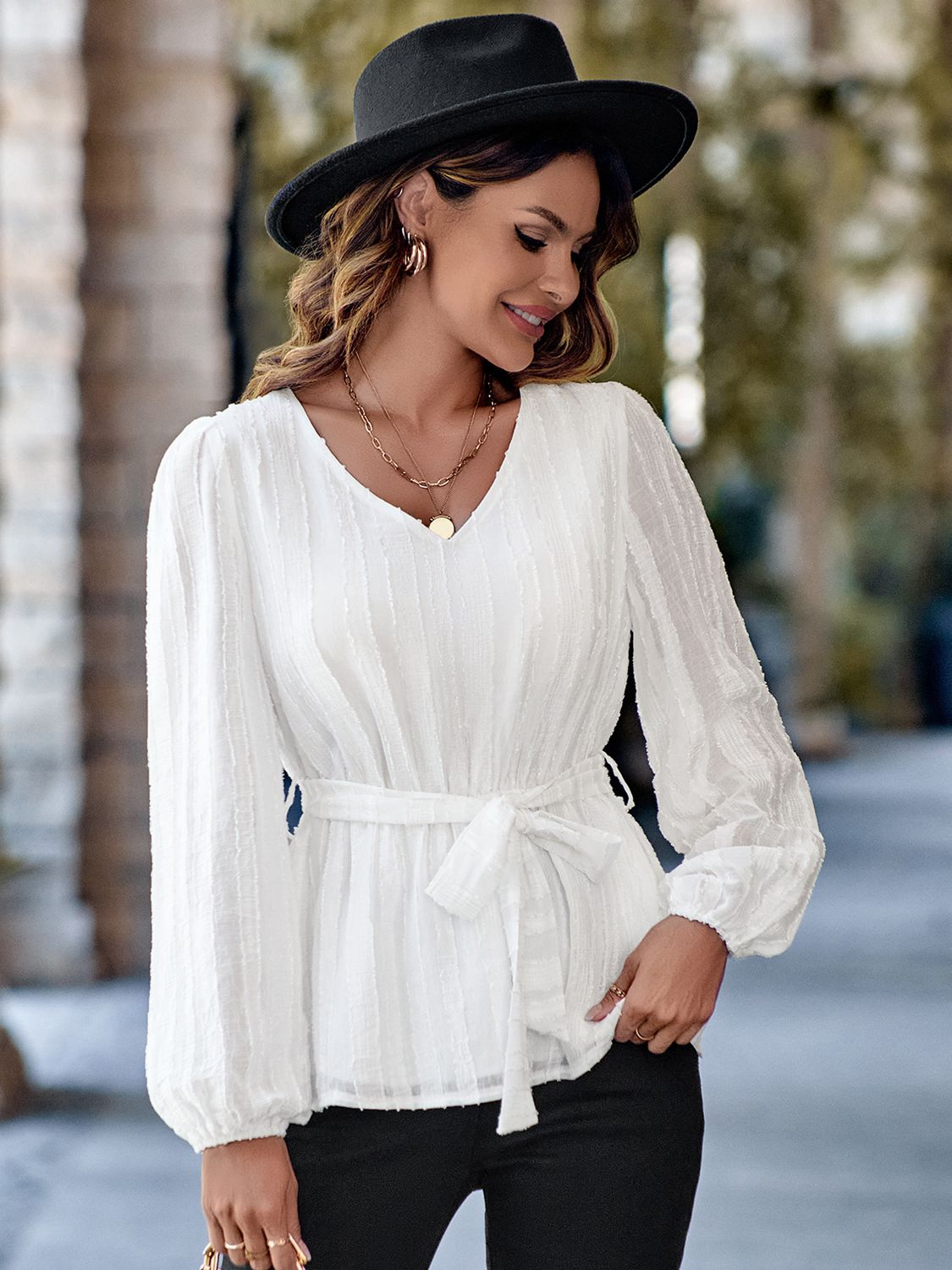 V-Neck Tie Waist Long Sleeve Blouse