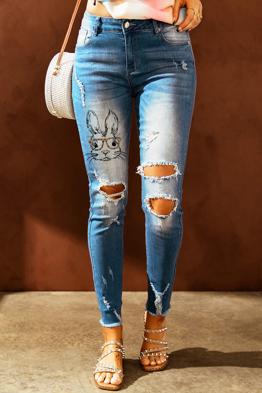 Baeful Easter Distressed Frayed Hem Jeans