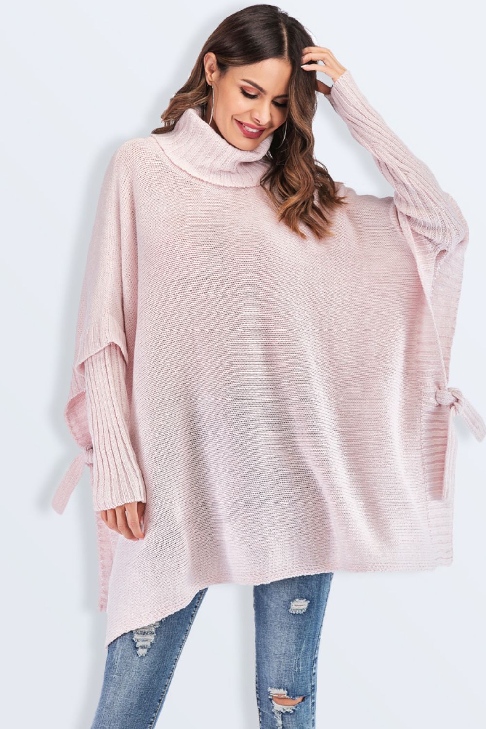 Tied Turtleneck Asymmetrical Hem Sweater