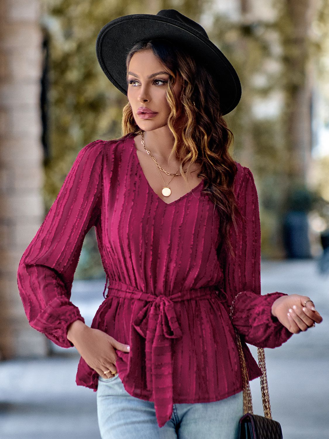 V-Neck Tie Waist Long Sleeve Blouse