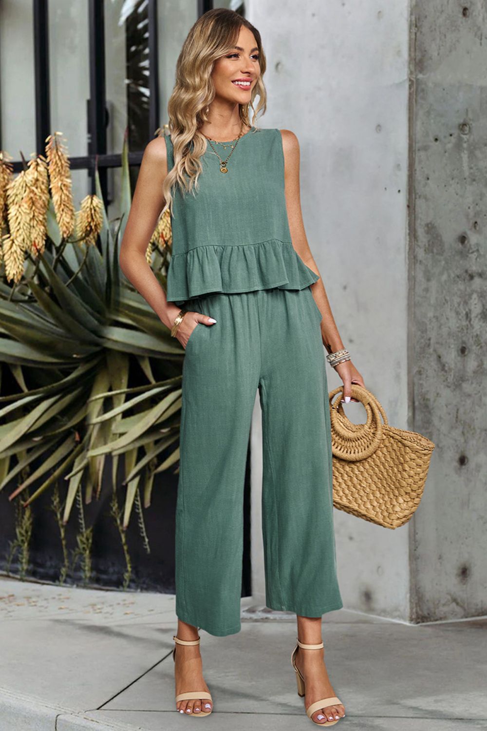 Decorative Button Ruffle Hem Tank and Pants Set