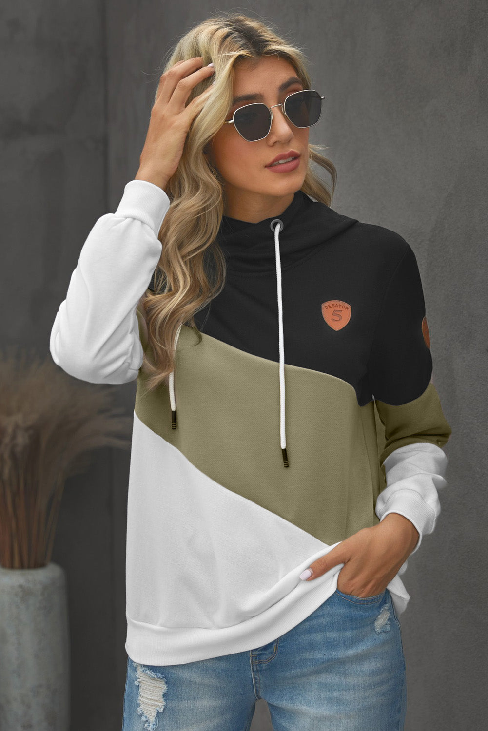 Full Size Range Color Block Cowl Neck Hoodie