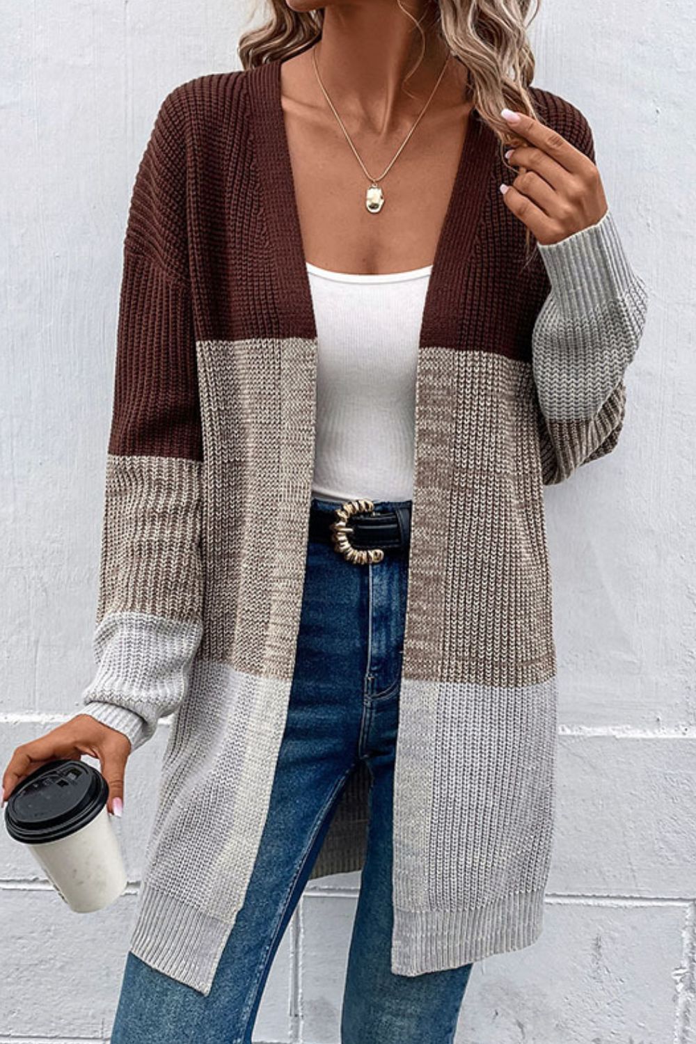 Color Block Open Front Rib-Knit Longline Cardigan