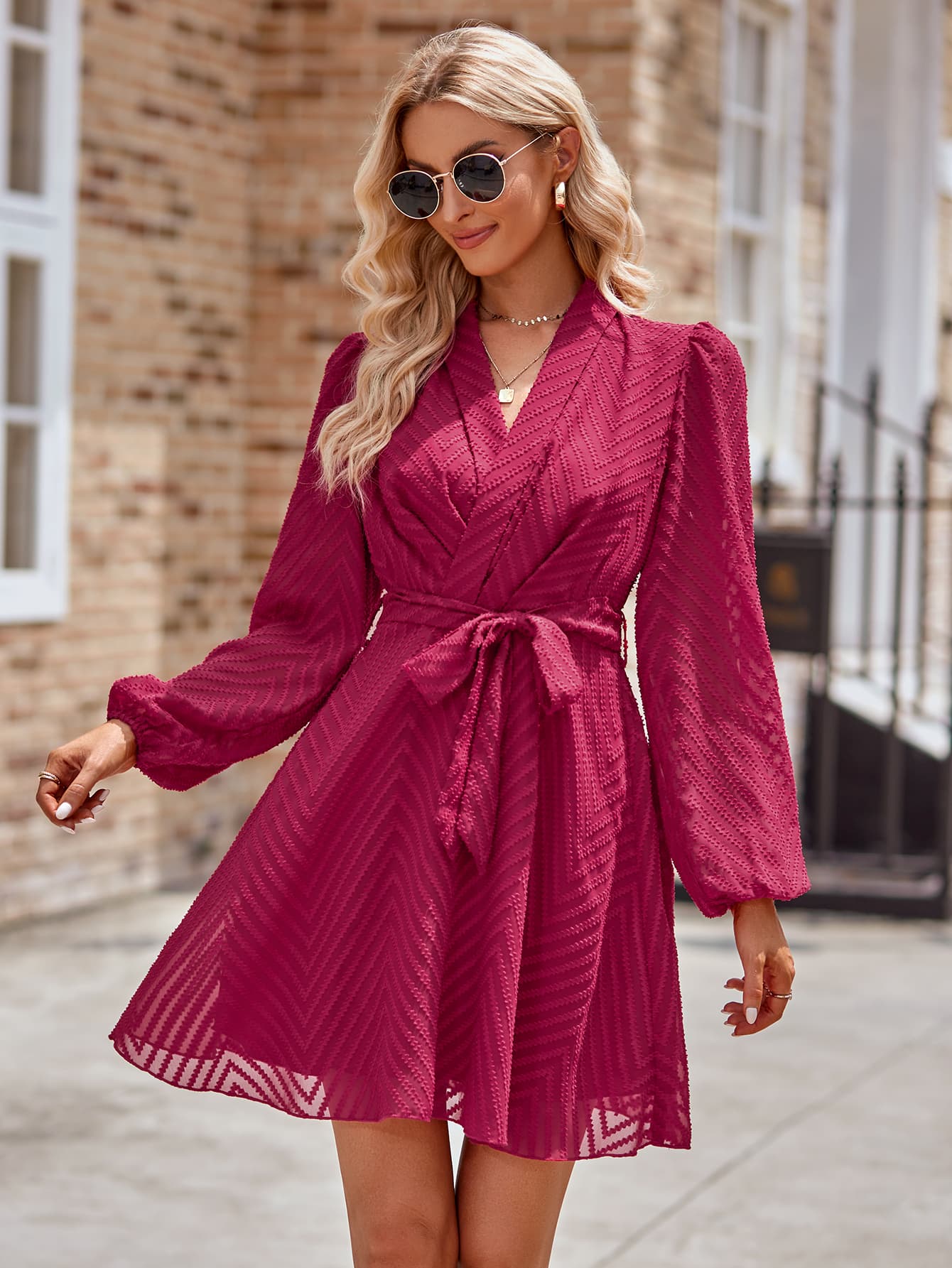 Belted Surplice Neck Long Sleeve Mini Dress