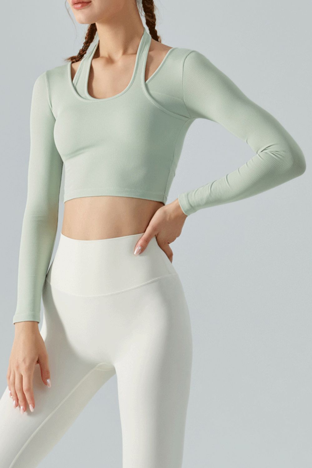 Halter Neck Long Sleeve Cropped Sports Top