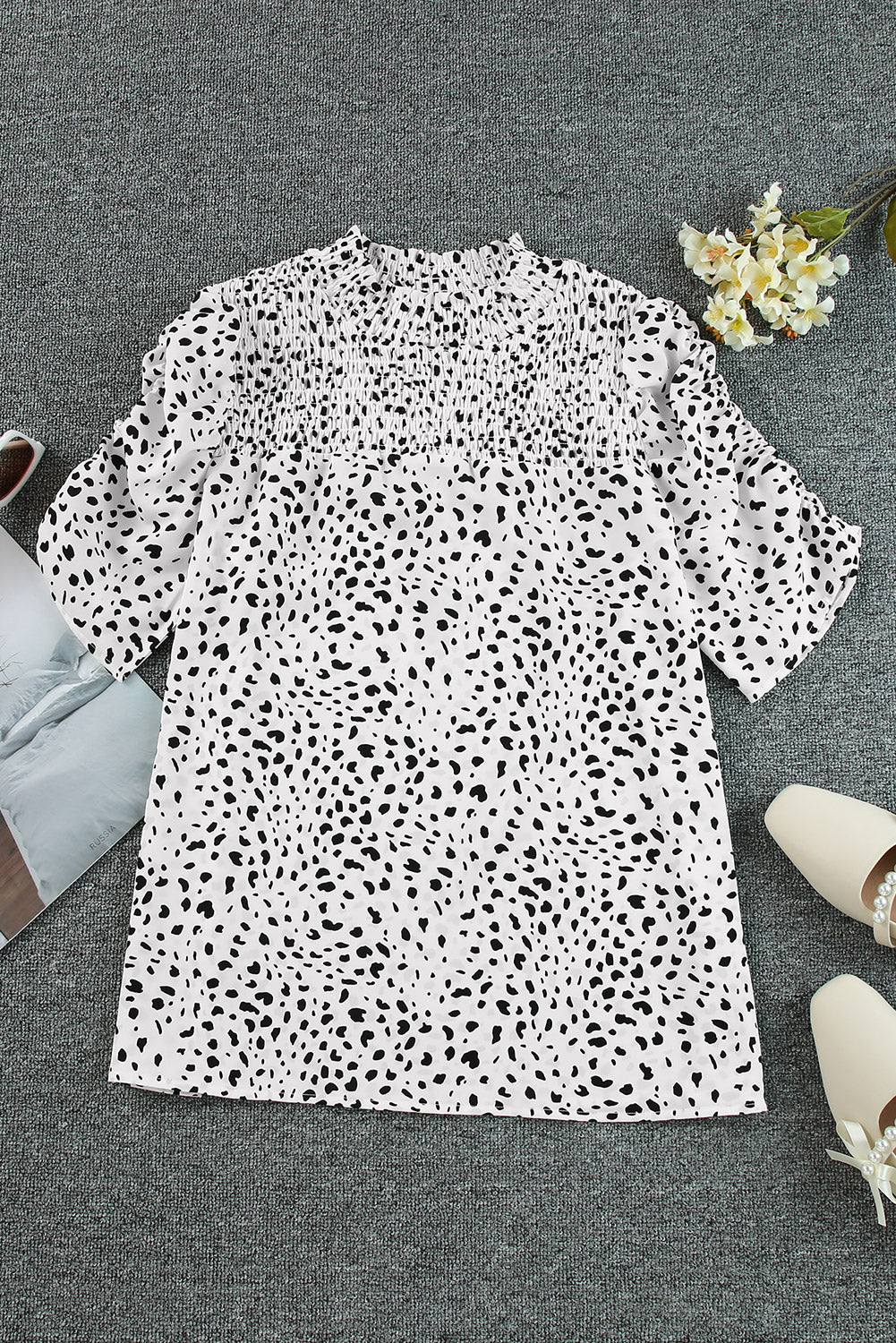 Printed Smocked Mock Neck Blouse