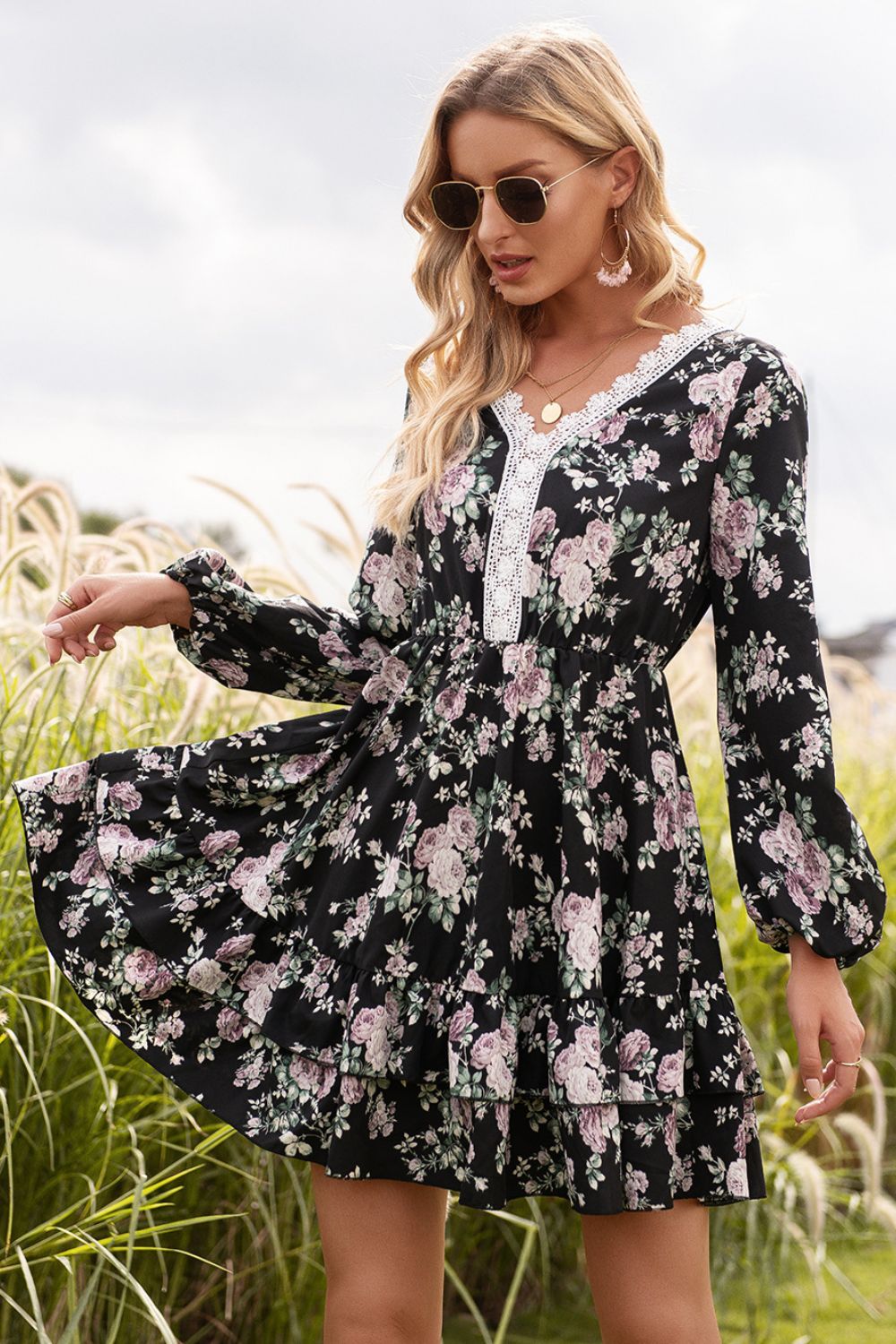 Floral Lace Trim Long Sleeve Dress