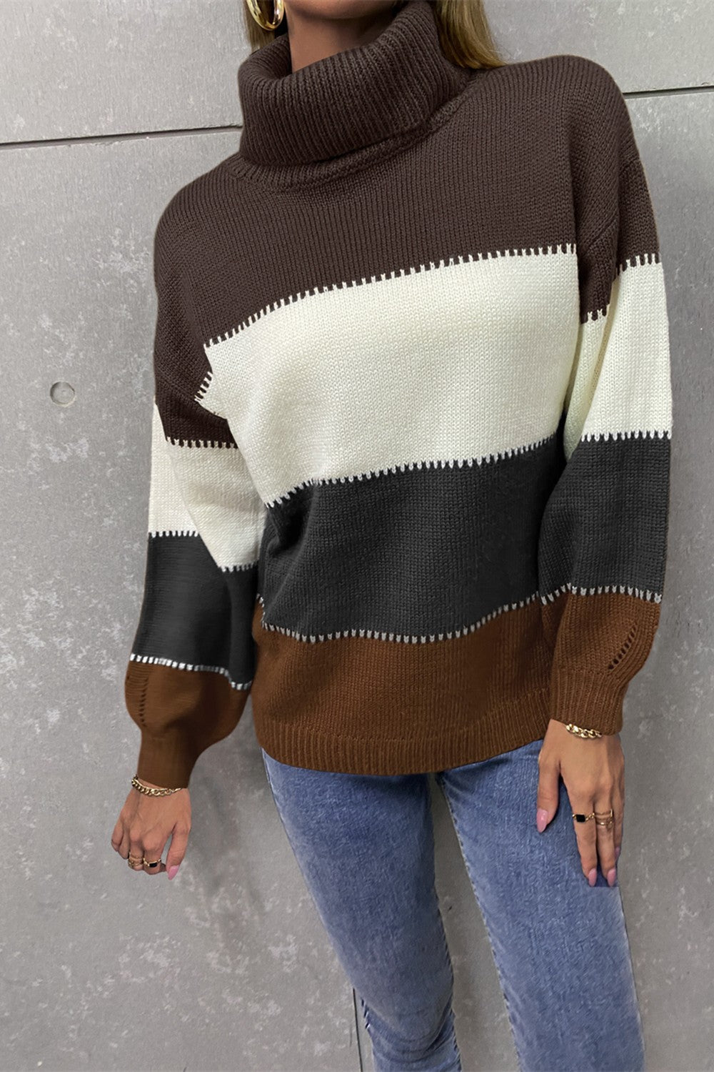 Color Block Lantern Sleeve Turtleneck Sweater