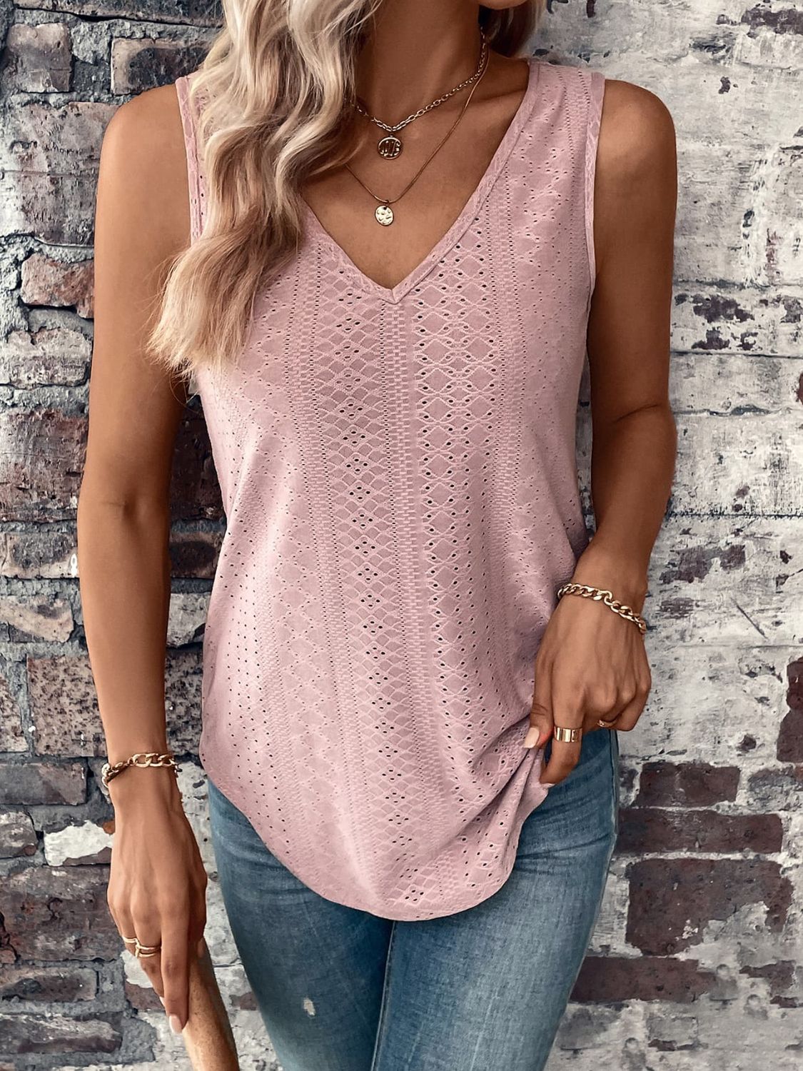 Eyelet V-Neck Curved Hem Tank