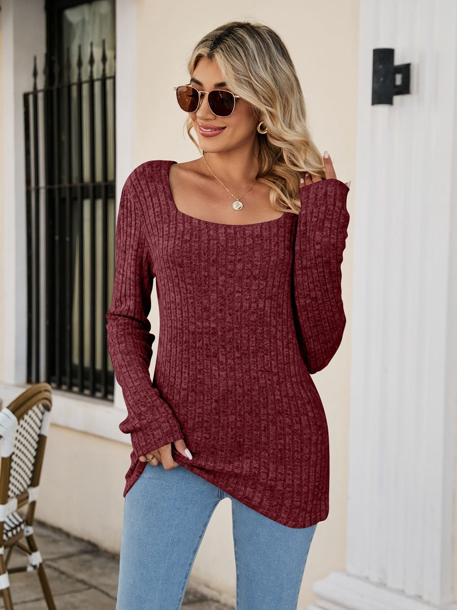 Square Neck Ribbed Long Sleeve T-Shirt