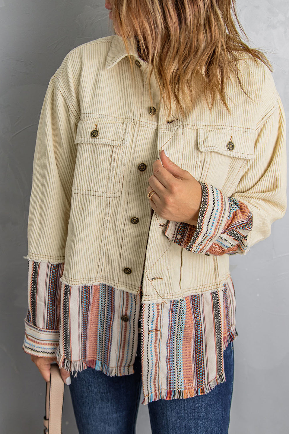 Striped Frayed Hem Corduroy Jacket