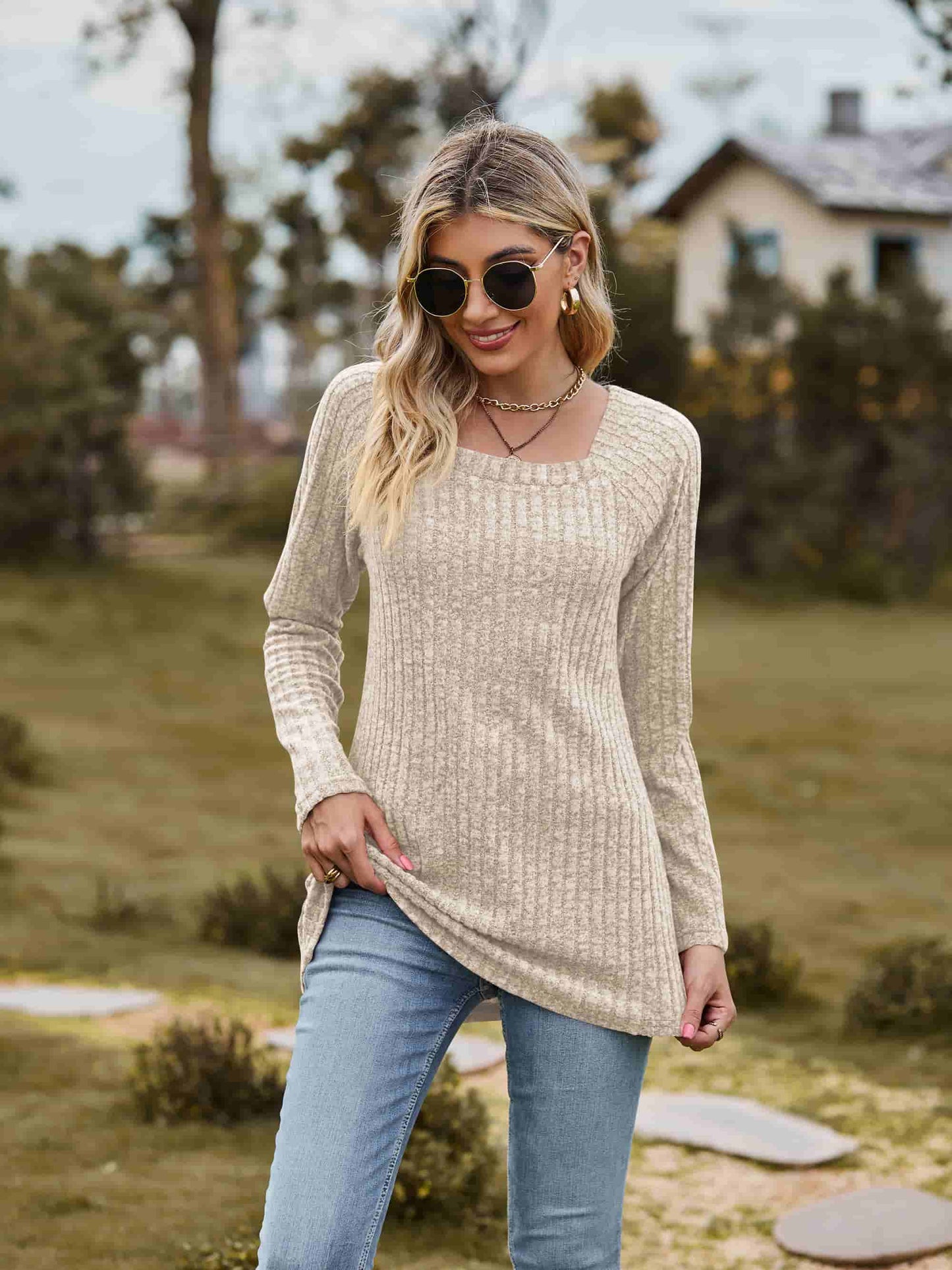 Ribbed Square Neck Long Sleeve Tee