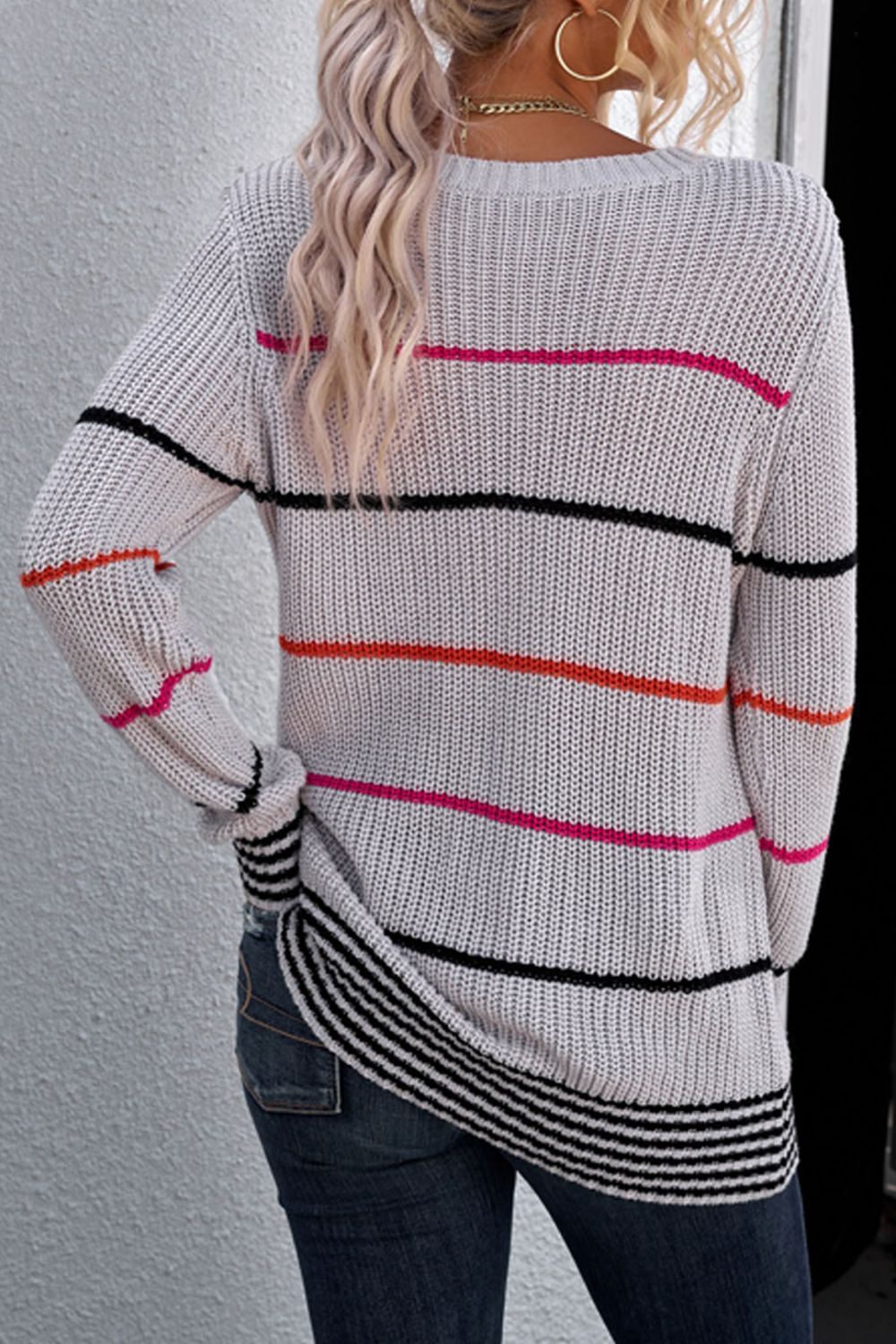 Striped Ribbed Round Neck Long Sleeve Sweater