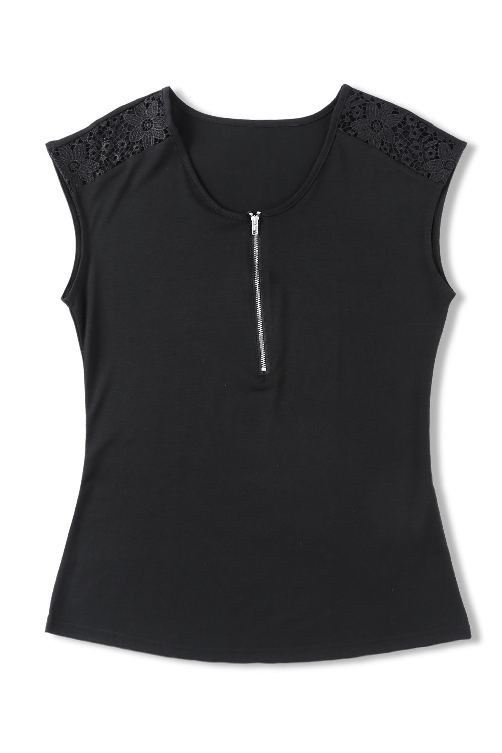 Half-Zip Scoop Neck Spliced Lace Top